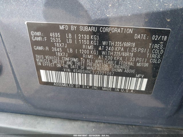 Aukcja sprzedaży 2018 Subaru Outback 2.5i Limited, vin: 4S4BSANC3J3321067, numer aukcji: 44418547