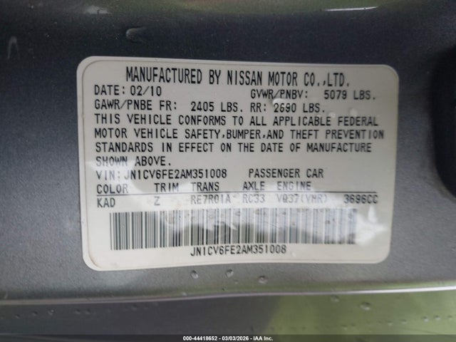 44418652 :رقم المزاد ، JN1CV6FE2AM351008 vin ، 2010 Infiniti G37 Anniversary Edition مزاد بيع