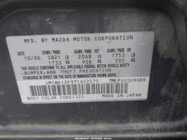 Aukcja sprzedaży 2007 Mazda Mazda3 I Touring, vin: JM1BK12F971652579, numer aukcji: 44418747