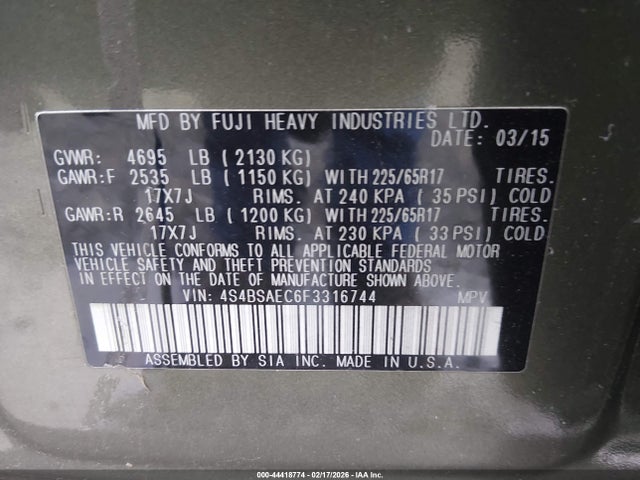 Subaru Outback 2.5i Premium 2015 4S4BSAEC6F3316744 Image 9