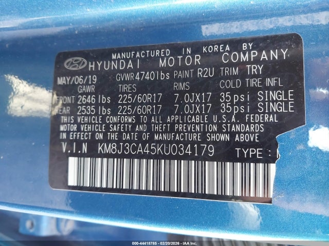 44418785 :رقم المزاد ، KM8J3CA45KU034179 vin ، 2019 Hyundai Tucson Value مزاد بيع