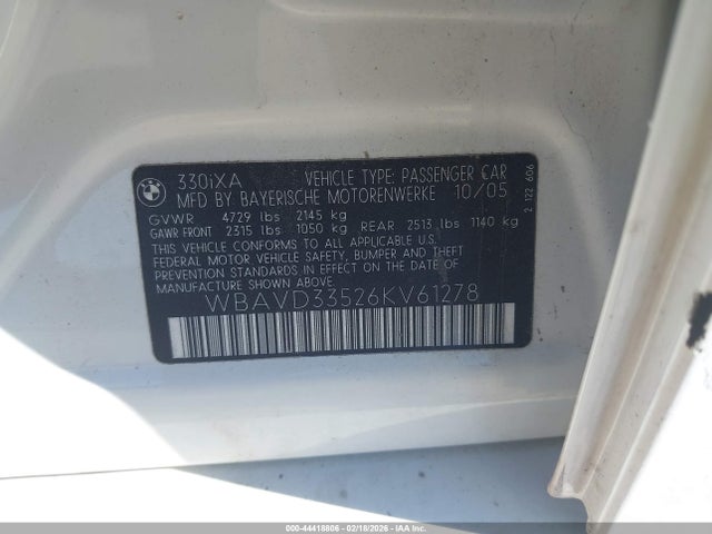 44418806 :رقم المزاد ، WBAVD33526KV61278 vin ، 2006 Bmw 330xi مزاد بيع