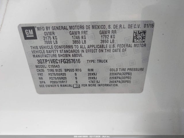 44418809 :رقم المزاد ، 3GTP1VEC1FG267616 vin ، 2015 Gmc Sierra 1500 Slt مزاد بيع