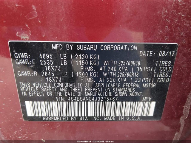 Aukcja sprzedaży 2018 Subaru Outback 2.5i Limited, vin: 4S4BSANC4J3215467, numer aukcji: 44418814