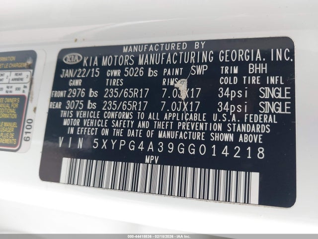 44418836 :رقم المزاد ، 5XYPG4A39GG014218 vin ، 2016 Kia Sorento 2.4l Lx مزاد بيع