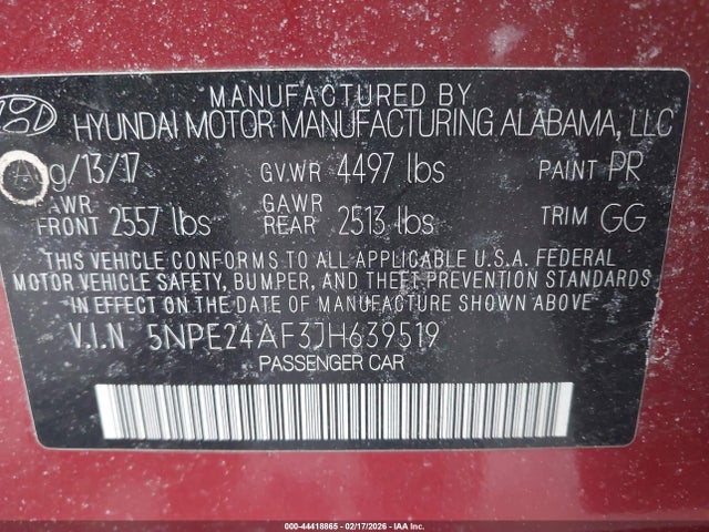Продаж на аукціоні авто 2018 Hyundai Sonata Se, vin: 5NPE24AF3JH639519, номер лоту: 44418865