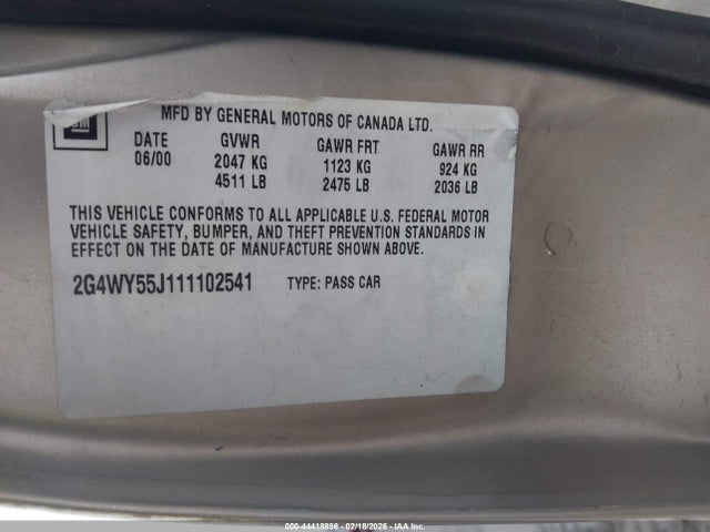 Aukcja sprzedaży 2001 Buick Century Limited, vin: 2G4WY55J111102541, numer aukcji: 44418896