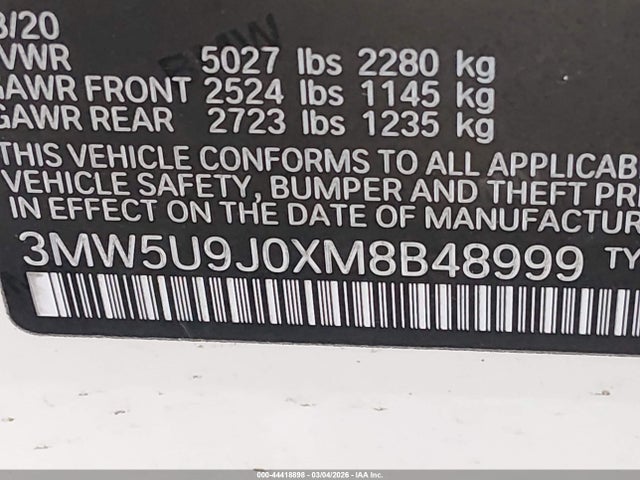 44418898 :رقم المزاد ، 3MW5U9J0XM8B48999 vin ، 2021 Bmw M340i M340i Xdrive مزاد بيع