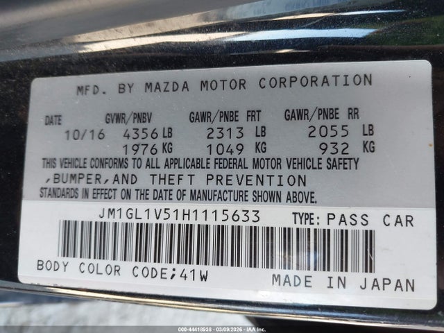Продажа на аукционе авто 2017 Mazda Mazda6 Touring, vin: JM1GL1V51H1115633, номер лота: 44418938