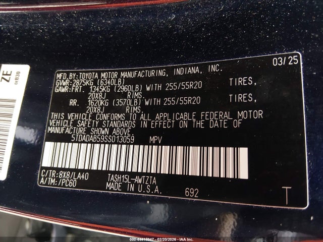 44418947 :رقم المزاد ، 5TDADAB59SS013059 vin ، 2025 Toyota Grand Highlander Hybrid Platinum Max مزاد بيع