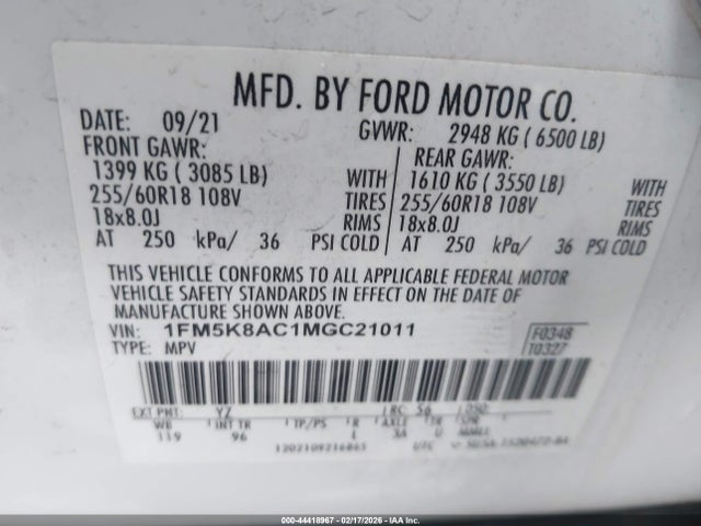 1FM5K8AC1MGC21011 Ford Police Interceptor Utility