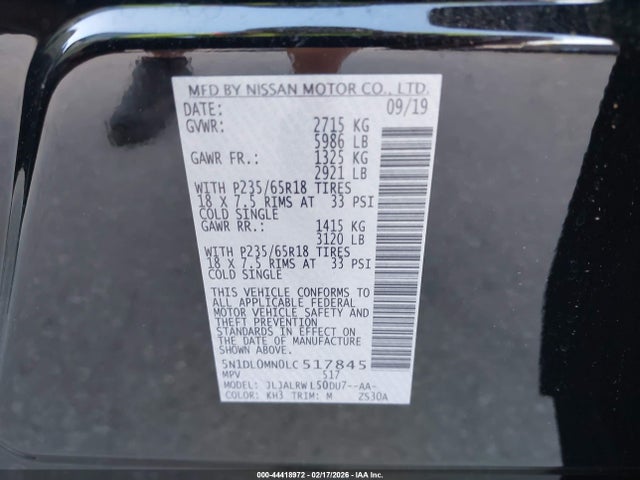 44418972 :رقم المزاد ، 5N1DL0MN0LC517845 vin ، 2020 Infiniti Qx60 Luxe مزاد بيع