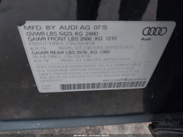 44418973 :رقم المزاد ، WA1L2AFP0GA033418 vin ، 2016 Audi Q5 2.0t Premium مزاد بيع