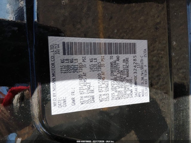 Auction sale of the 2013 Infiniti Jx35, vin: 5N1AL0MM4DC324285, lot number: 44419000
