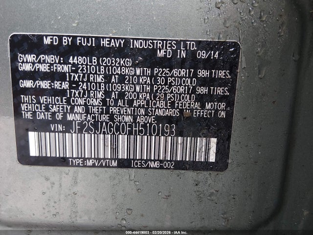 Продажа на аукционе авто 2015 Subaru Forester 2.5i Premium, vin: JF2SJAGC0FH510193, номер лота: 44419003