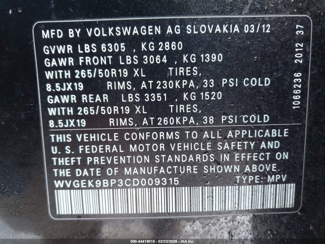 44419018 :رقم المزاد ، WVGEK9BP3CD009315 vin ، 2012 Volkswagen Touareg Tdi Lux مزاد بيع