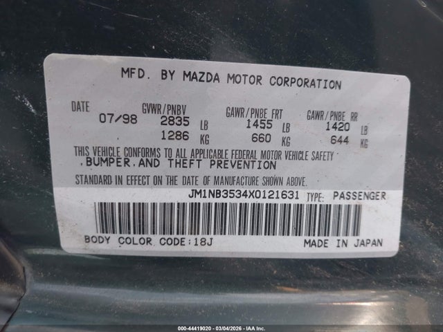 Aukcja sprzedaży 1999 Mazda Mx-5 Miata Leather Pkg/popular Equipment Pkg/sports Pkg/touring Pkg, vin: JM1NB3534X0121631, numer aukcji: 44419020