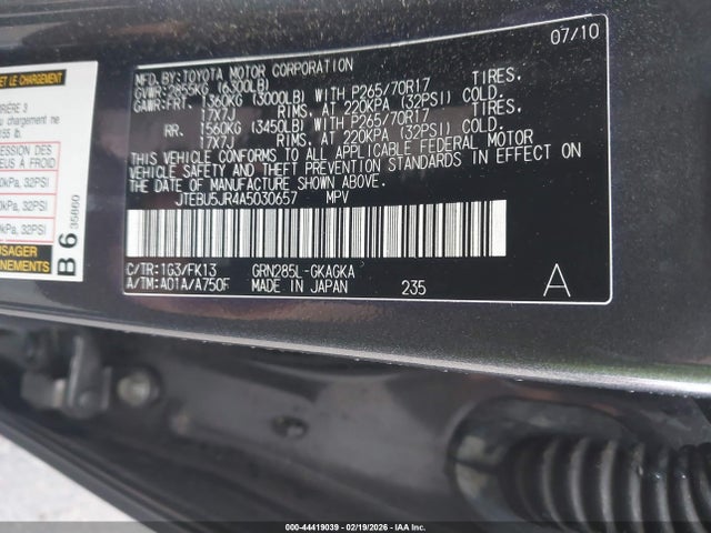 44419039 :رقم المزاد ، JTEBU5JR4A5030657 vin ، 2010 Toyota 4runner Sr5 V6 مزاد بيع