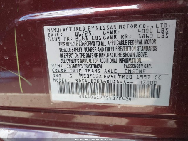 3N1AB8CV3SY370424 Nissan SENTRA SV