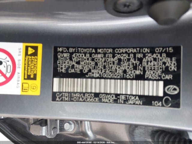 44419165 :رقم المزاد ، JTHBK1GG2G2211631 vin ، 2016 Lexus Es 350 مزاد بيع