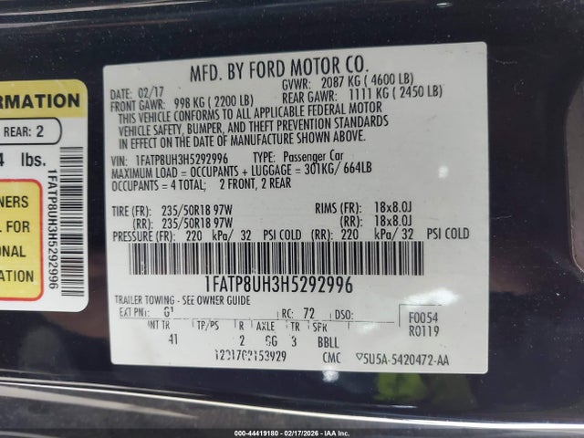 Продаж на аукціоні авто 2017 Ford Mustang Ecoboost Premium, vin: 1FATP8UH3H5292996, номер лоту: 44419180
