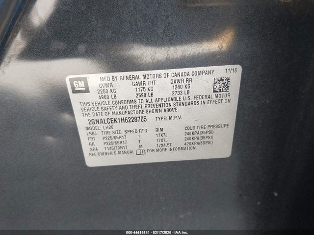 Продажа на аукционе авто 2017 Chevrolet Equinox Lt, vin: 2GNALCEK1H6228705, номер лота: 44419181