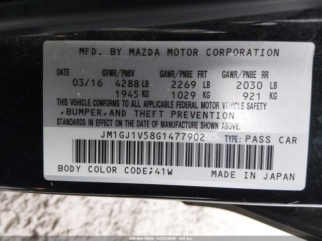 44419204 :رقم المزاد ، JM1GJ1V58G1477902 vin ، 2016 Mazda Mazda6 I Touring مزاد بيع