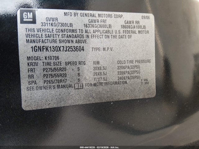 2007 Chevrolet Tahoe Ltz მანქანა იყიდება აუქციონზე, vin: 1GNFK130X7J253604, აუქციონის ნომერი: 44419228