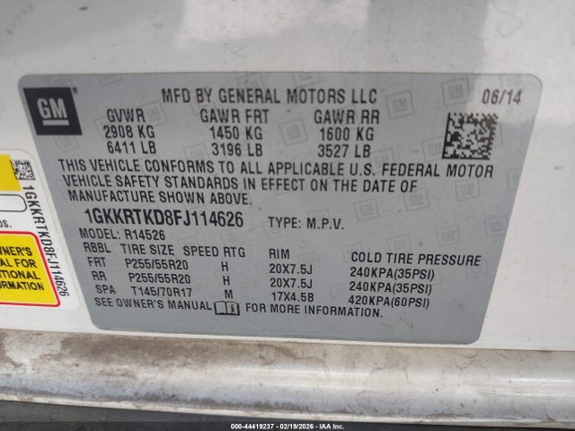 Продаж на аукціоні авто 2015 Gmc Acadia Denali, vin: 1GKKRTKD8FJ114626, номер лоту: 44419237
