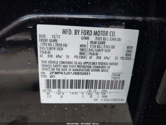 Aukcja sprzedaży 2018 Ford Edge Sel, vin: 2FMPK3J87JBB52951, numer aukcji: 44419251