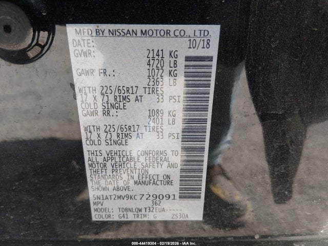 Продажа на аукционе авто 2019 Nissan Rogue Sv, vin: 5N1AT2MV9KC729091, номер лота: 44419304