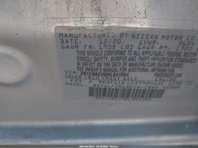 44419310 :رقم المزاد ، 3N1CN8EV9ML841084 vin ، 2021 Nissan Versa Sv Xtronic Cvt مزاد بيع