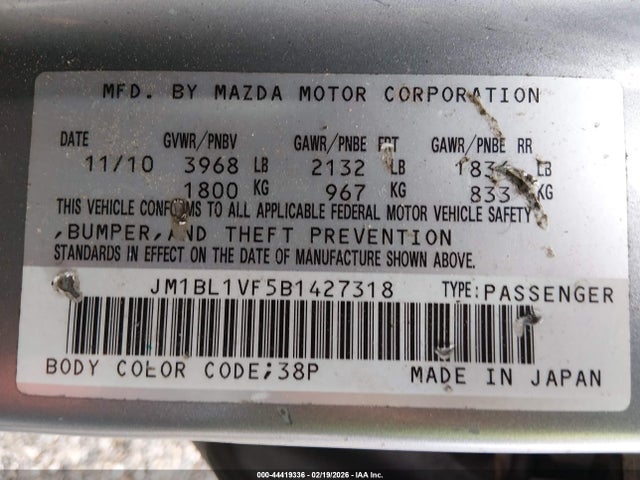 44419336 :رقم المزاد ، JM1BL1VF5B1427318 vin ، 2011 Mazda Mazda3 I Touring مزاد بيع