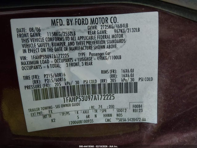 2007 FORD TAURUS 1FAHP53U97A172225 Photo 8
