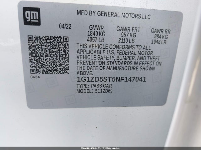 Aukcja sprzedaży 2022 Chevrolet Malibu Fwd Lt, vin: 1G1ZD5ST5NF147041, numer aukcji: 44419380