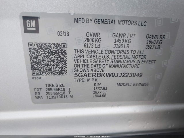 44419513 :رقم المزاد ، 5GAERBKW9JJ223949 vin ، 2018 Buick Enclave Essence مزاد بيع