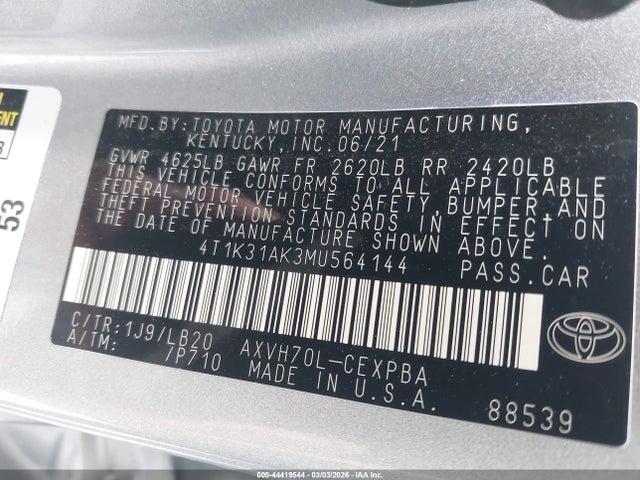 44419544 :رقم المزاد ، 4T1K31AK3MU564144 vin ، 2021 Toyota Camry Xse Hybrid مزاد بيع