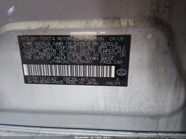 44419568 :رقم المزاد ، JTHBK262795089491 vin ، 2009 Lexus Is 250 مزاد بيع