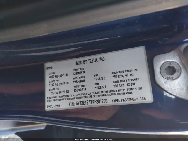 2019 Tesla Model 3 Long Range/mid Range/standard Range/standard Range Plus მანქანა იყიდება აუქციონზე, vin: 5YJ3E1EA7KF301200, აუქციონის ნომერი: 44419581