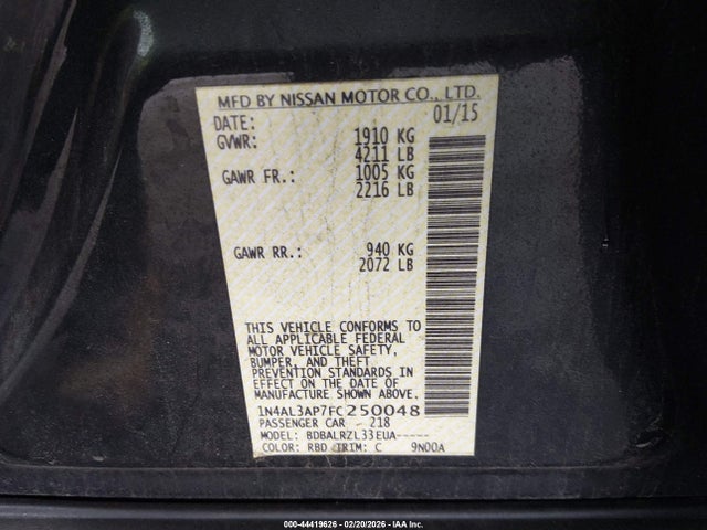 2015 Nissan Altima 2.5/2.5 S/2.5 Sl/2.5 Sv მანქანა იყიდება აუქციონზე, vin: 1N4AL3AP7FC250048, აუქციონის ნომერი: 44419626