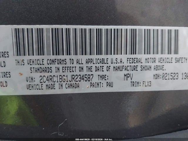 44419629 :رقم المزاد ، 2C4RC1BG1JR234587 vin ، 2018 Chrysler Pacifica Touring L مزاد بيع