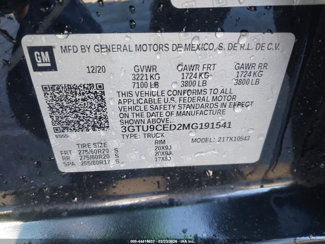 44419637 :رقم المزاد ، 3GTU9CED2MG191541 vin ، 2021 Gmc Sierra 1500 4wd  Short Box Elevation مزاد بيع