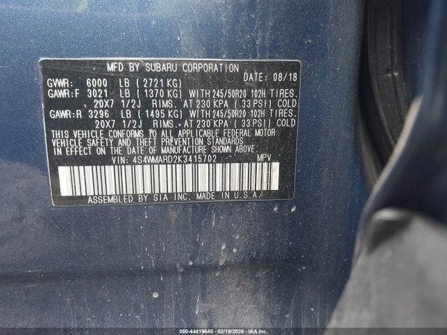 44419640 :رقم المزاد ، 4S4WMARD2K3415702 vin ، 2019 Subaru Ascent Touring مزاد بيع