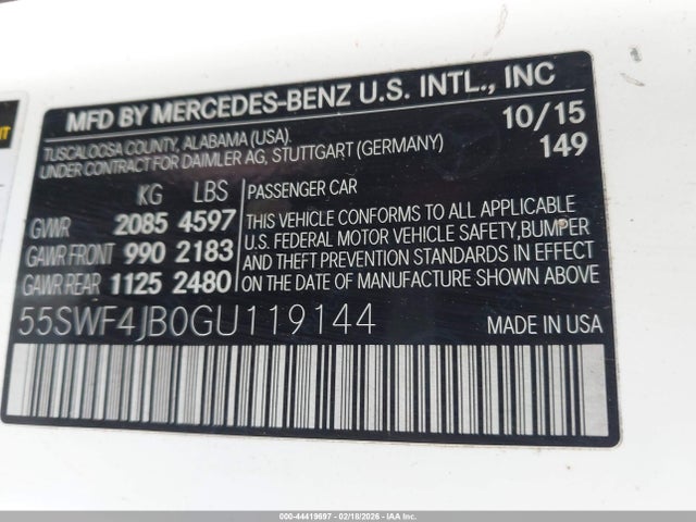 44419697 :رقم المزاد ، 55SWF4JB0GU119144 vin ، 2016 Mercedes-benz C 300 مزاد بيع