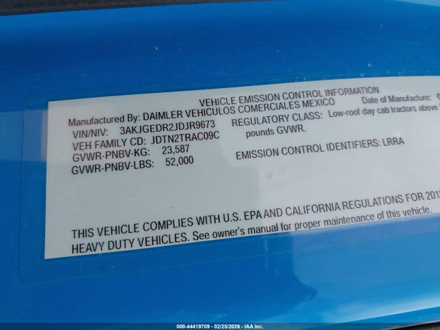 44419709 :رقم المزاد ، 3AKJGEDR2JDJR9673 vin ، 2018 Freightliner Cascadia 125 مزاد بيع