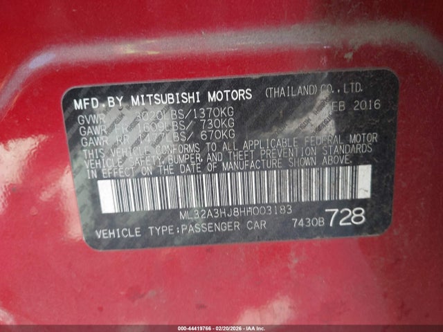 Продаж на аукціоні авто 2017 Mitsubishi Mirage Es, vin: ML32A3HJ8HH003183, номер лоту: 44419766