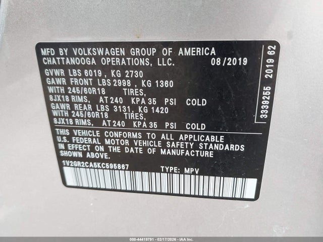 2019 Volkswagen Atlas 3.6l V6 S მანქანა იყიდება აუქციონზე, vin: 1V2GR2CA5KC595867, აუქციონის ნომერი: 44419791