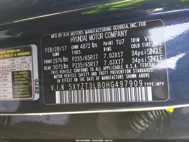 Продаж на аукціоні авто 2017 Hyundai Santa Fe Sport 2.4l, vin: 5XYZT3LB0HG497909, номер лоту: 44419809