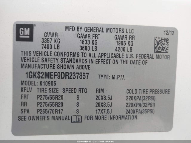44419830 :رقم المزاد ، 1GKS2MEF9DR237857 vin ، 2013 Gmc Yukon Xl 1500 Denali مزاد بيع