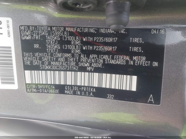 5TDKK3DC2GS731142 Toyota Sienna Le 8 Passenger